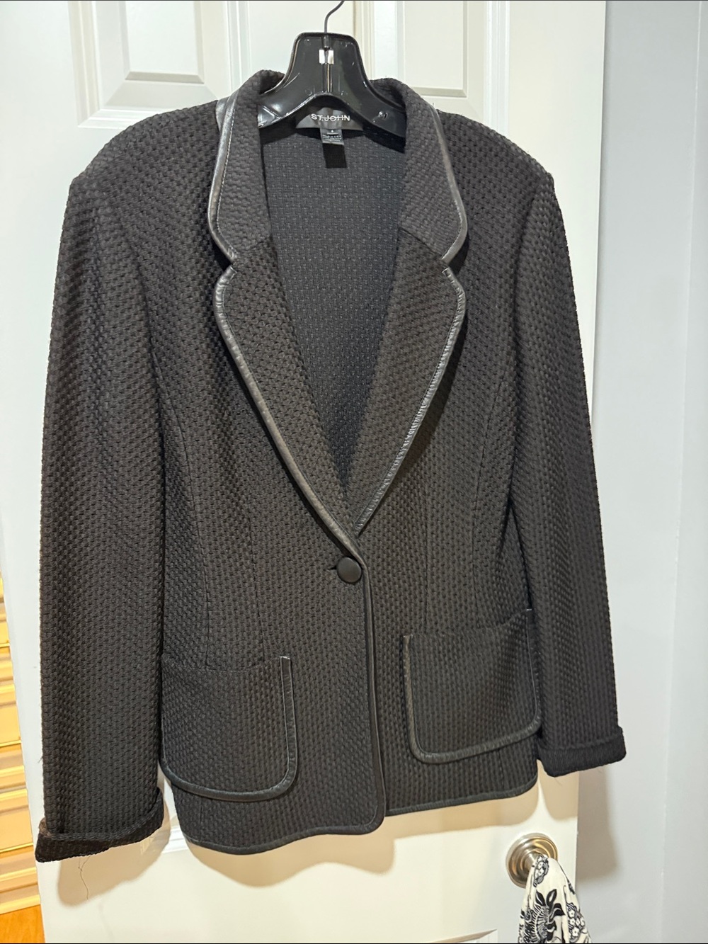 St. John Collection Black Waffle-Knit Blazer with Leather Trim